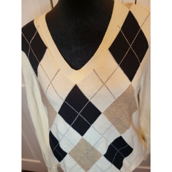 Ivory/Black/Tan Argyle Sweater Izod L Preppy Academia Old Money Neutral Tennis - Picture 3 of 6